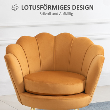 HOMCOM Shell-Shaped Upholstered Armchair Relaxing Chair with Metal Legs, Vanity Chair with Velvet-Look Fabric, for Bedroom Living Room, Yellow | Aosom