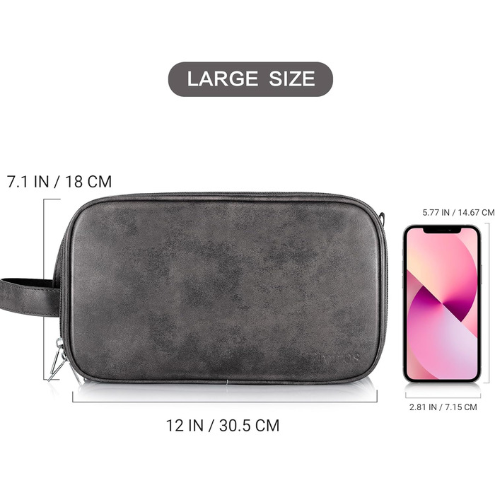 Чоловічий туалетний набір Elviros, подарунок для чоловіків, водонепроникний з PU-шкіри, велика кишеня для подорожей, бізнесу, спорту, ванної кімнати, темно-сірий, розмір L, 30,5 x 17 x 18 см