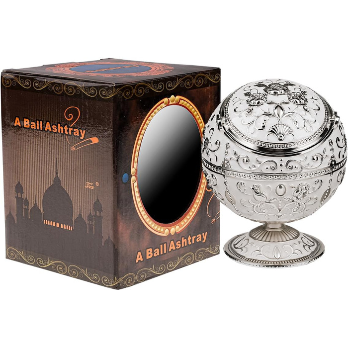 Kepfire Vintage Metal Ashtray with Lid, Globe Style, European Hotel Living Room Office Artwork, Windproof Ashtray, Creative Decor - Silver Rim, Rose Design