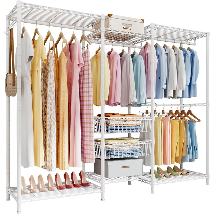 Heavy-Duty Clothes Rack, Clothes Rod, Wardrobe, Freestanding Clothes Rail with Height-Adjustable Shelves and Storage Baskets, Load Capacity up to 320 kg, White