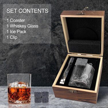 Набір склянок для віскі Ghazpmuk, набір кам'яних кульок для віскі, подарунок для чоловіка, набір для віскі з 4 кульками, 1 склянка, щипці для льоду, підставки, оксамитовий мішечок, для дня народження, на День батька
