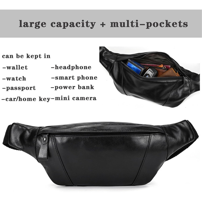 Чоловіча/Жіноча поясна сумка з натуральної шкіри Vintage, чорна, 1034