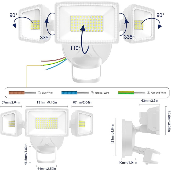 Onforu LED Floodlight with Motion Sensor Outdoor 55W, 5000 LM LED Floodlight, Outdoor Spotlight with Adjustable 3 Heads, 6500 K Cold White Spotlight, IP65 Waterproof Floodlight for Garage, Garden, Yard (White)