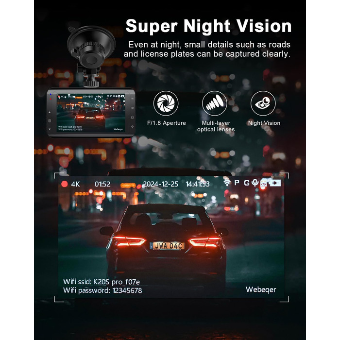 Відеореєстратор у машину Dashcam 4K з двома камерами, WiFi, 64GB SD карта, паркувальний асистент, нічне бачення, 170°+140° кут огляду, 3' IPS дисплей, G-сенсор, циклічна запис, паркування, підтримка карт до 256GB