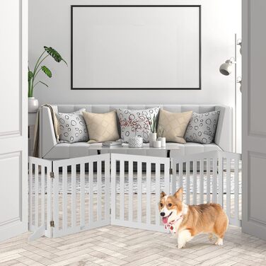 Захисний бар'єр для собак COSTWAY 60см, дерев'яний, дитячий, розкладний, для сходи, білий (5 панелей)