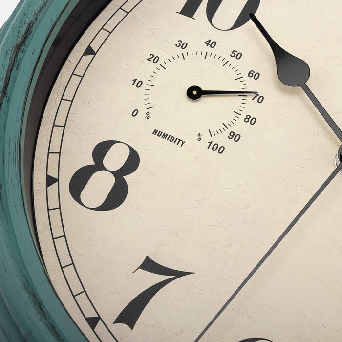Foxtop Funk Wall Clock, Indoor Outdoor Weatherproof Wall Clock with Temperature Display and Hygrometer, No Ticking Sound Silent Retro Clock for Terrace Bathroom Kitchen Living Room Home Decor (Bronze, 30cm) (Green)