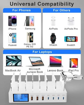 Зарядна станція 245W USB для 7 пристроїв з LCD-дисплеєм, кабелями та тримачем для iWatch, чорна - для iPhone, планшетів та іншої електроніки