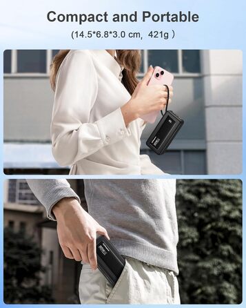 Повербанк з 4 вбудованими кабелями 27000mAh 30W USB-C швидка зарядка, зовнішній акумулятор з LED-дисплеєм для iPhone, Samsung, iPad та Android (Чорний)