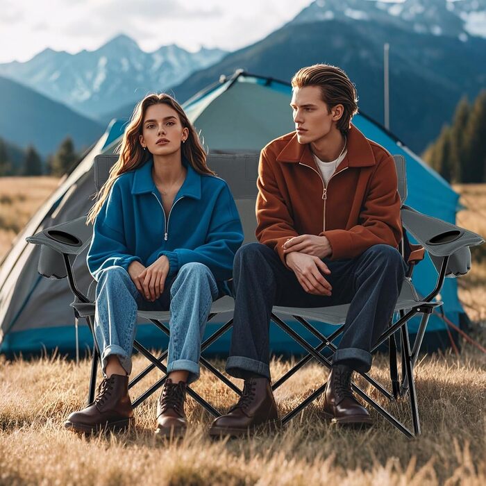 Крісло-диван для кемпінгу на 2 особи Costway, розкладне, з підсклянниками та підлокітниками, 300 кг, сіре