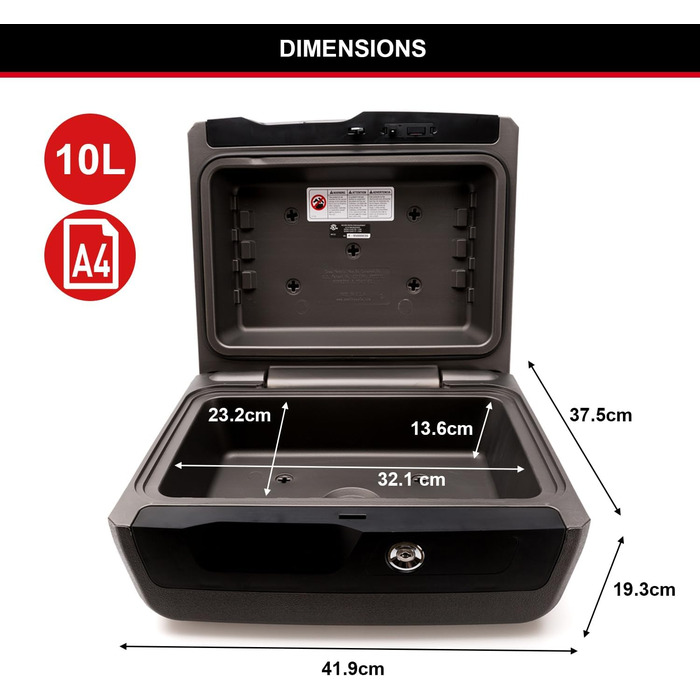 Master Lock Fire & Water Resistant Security Safe - Large Key Lock Box for ID Cards, A4 Documents, Small Electronics, Jewelry - 10L Capacity
