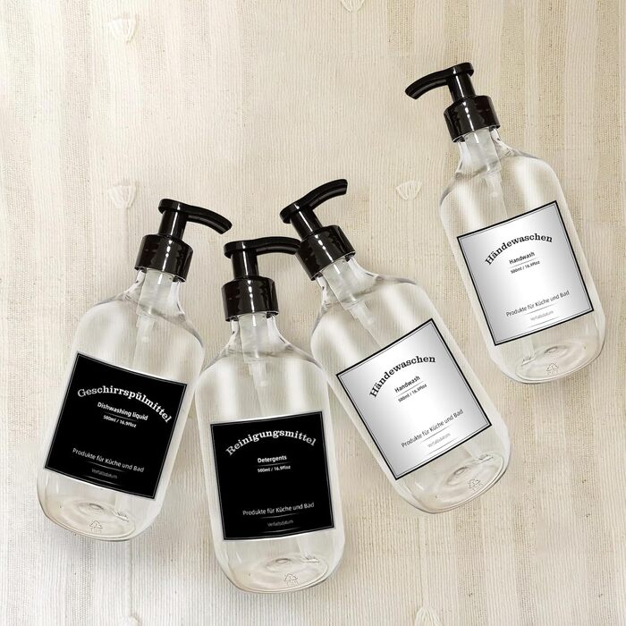 Набір дозаторів для мила з пластику, 4 шт, 500 мл з етикетками, набір помпових флаконів для ванної кімнати, флакон для шампуню (500 мл, прозорий)