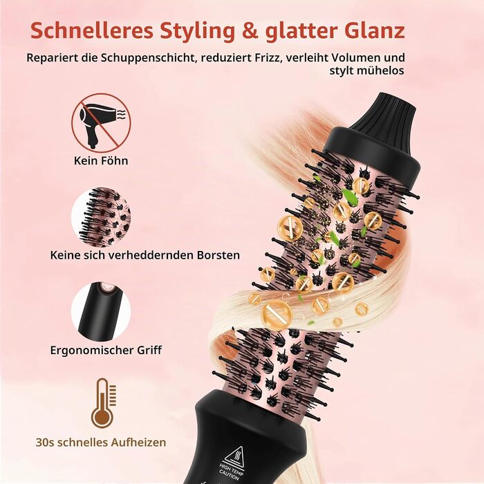 Мультистайлер для волосся 6 в 1 UKLISS Air Styler Set з дифузором, професійний фен-щітка 1000 Вт з LCD-дисплеєм, набір для укладки: локони, об'єм та вирівнювання, колір рожеве золото