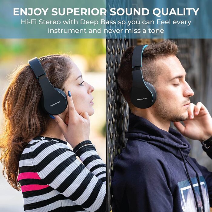 PowerLocus Бездротові навушники Over-Ear з Bluetooth, Hi-Fi стерео, FM радіо, Micro SD/TF, мікрофон, для iPhone/Android/Tablet/Laptop (Чорний/Синій)