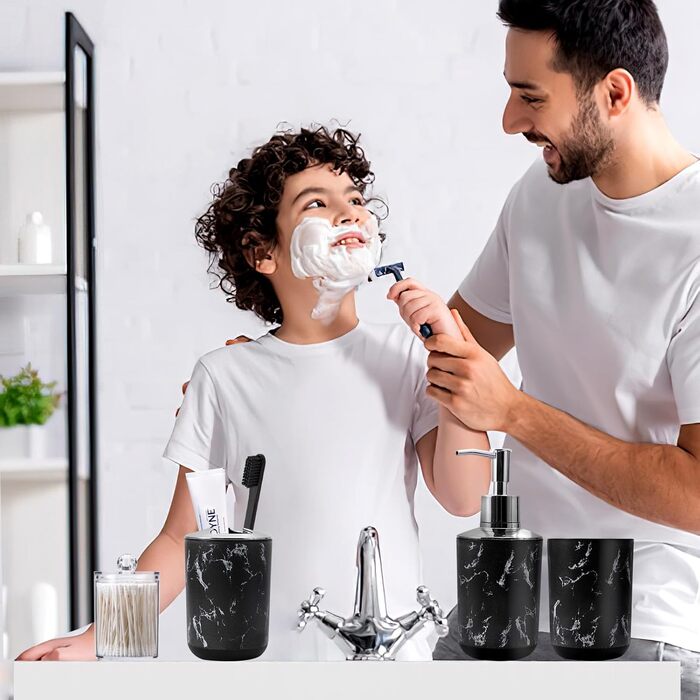 Набір аксесуарів для ванної кімнати з чорним мармуровим візерунком: сміттєвий бак, тумбочка під раковину, дозатор мила, мильниця, тримач для зубних щіток, стакан для зубних щіток, щітка для унітазу та контейнер для ватних паличок. Чорний мармуровий набір 