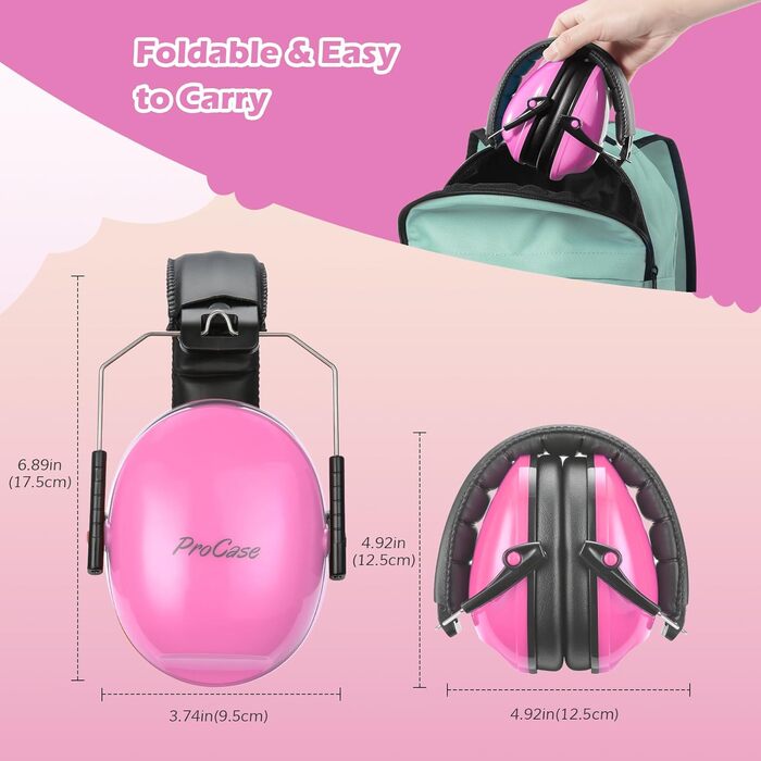 ProCase Навушники захисні дитячі шумоізоляційні, рожеві, для сну, подорожей, 3-12 років, NRR 21dB