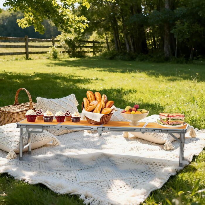 Складний кемпінговий стіл FUNYKICH 116x40x26 см, жовтий - алюмінієвий, MDF стільниця, з сумкою для перенесення