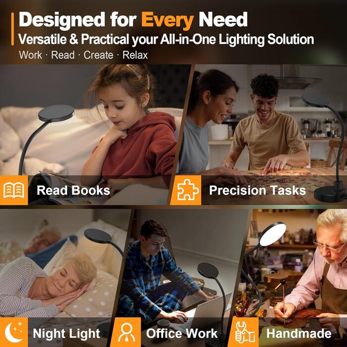 LED лампа для столу 15W з USB-A та USB-C – диммування, 3 колірні температури, 5 рівнів яскравості, 4 таймери, гнусий 360° «лебединий» шийка, захист для очей, настільна лампа для офісу та спальні (Чорний, 4,7 дюйми)