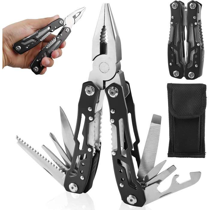 Мультитул чоловічий з нержавіючої сталі, мультиінструмент для подарунку, складаний ніж-мультитул з чохлом (чорний)