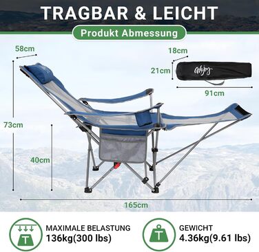 Кемпінговий стілець-розкладний WEJOY 2-в-1 з підставкою для ніг та підсклянником, блакитно-сірий