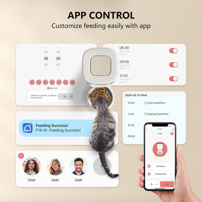 Автоматичний годівник для котів PUPPY KITTY з Wi-Fi керуванням через додаток, з нержавіючою чашею, функцією запису 10 секунд, 1-10 прийомів їжі на день (Бежевий)