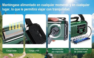 Радіостанція на сонячній енергії з живленням від ручки 20000 mAh з SOS-сигналом, FM/AM, ліхтарик, компас, для кемпінгу та надзвичайних ситуацій (зелене)