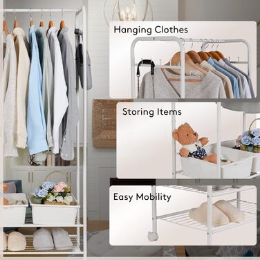 Unho Rolling Garment Rack, Metal Clothes Rack with 2 Shelves for Boxes, with Clothes Rod and Hooks, for Store Bedroom Dressing Room