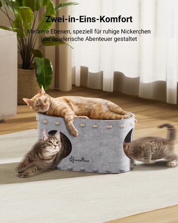Будиночок-печеринка для котів DownyPaws з фетру, 2-ярусне ліжко для котів, 50 x 33 x 50 см. Затишний дизайн, захист кігтів, (одиночний, білий)