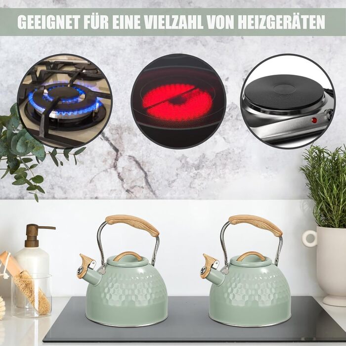 BEZORR Чайник-свисток з нержавіючої сталі, 3 літри, Ретро дизайн, для плити, індукції, газової, керамічної