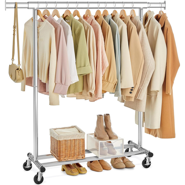 SONGMICS Clothes Rack on Wheels, Heavy-Duty Garment Rack, Extendable Clothes Rod, Load Capacity up to 100 kg, Easy Assembly, Portable, Silver HSR13S
