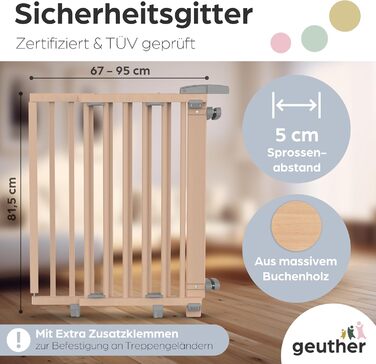Захист для сходів Geuther Oris | Дверний замок для сходів з кріпленням, ширина 67-95 см | Дверний замок з розсувною дверцятами | Дерев'яне дитяче захисне ворота, натуральний лак 67-95 см