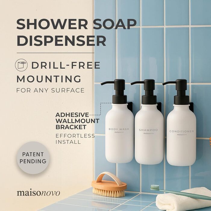 Шампунь MaisoNovo: Набір з 3 флаконів (500 мл) для душу та миття рук, настінний диспенсер, чорний насос, прозорий/чорний X 3