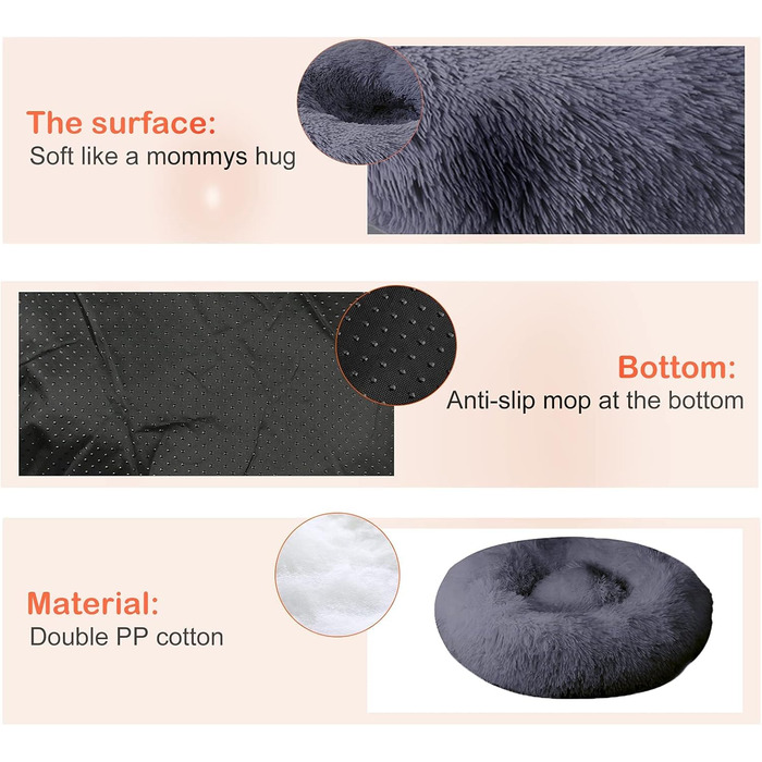 fireowl Donut Dog Bed Large Fluffy: 70cm Soothing Puppy Bed Anti-Anxiety Cat Bed - Plush Pet Bed Round Cozy Washable Gray