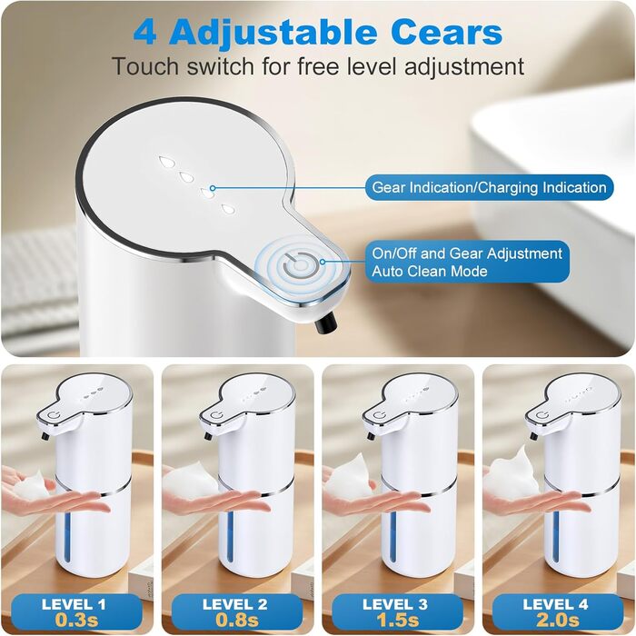 Автоматичний дозатор мила настінний електричний з сенсором, 4 рівня регулювання, USB, перезаряжається, білий для кухні, ванної кімнати, школи, для рідкого та пінного мила