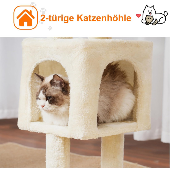 Котячий будиночок Heybly Kratzbaum: 100 см, з платформою, печерею, 2 гамаками та іграшками. Активний котячий будиночок, HCT006SG (Бежевий)