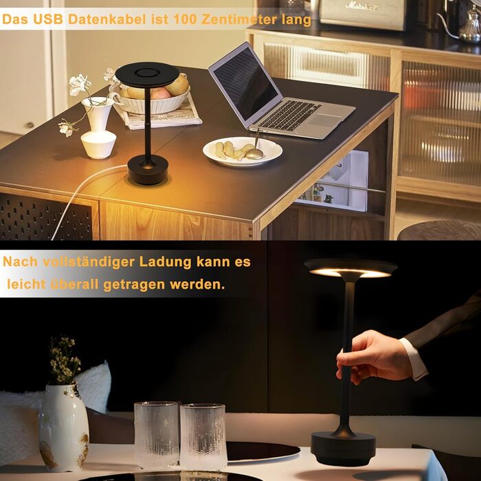 Бездротова настільна лампа - LED лампа на акумуляторі, торшери з сенсорним керуванням, диммуванням, USB зарядкою, 2 шт. (1 шт., чорний)