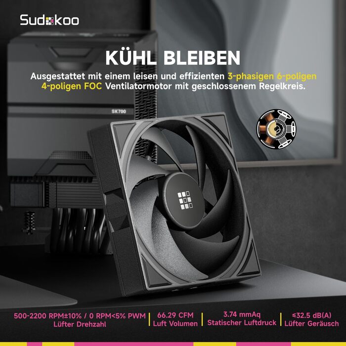 Система охолодження CPU Sudokoo SK700V AM5: Кулер для ПК з дисплеєм, 120мм вентилятор, 7 heatpipes, сумісний з AM5, безперешкодний доступ до RAM, 5 років гарантії, чорний