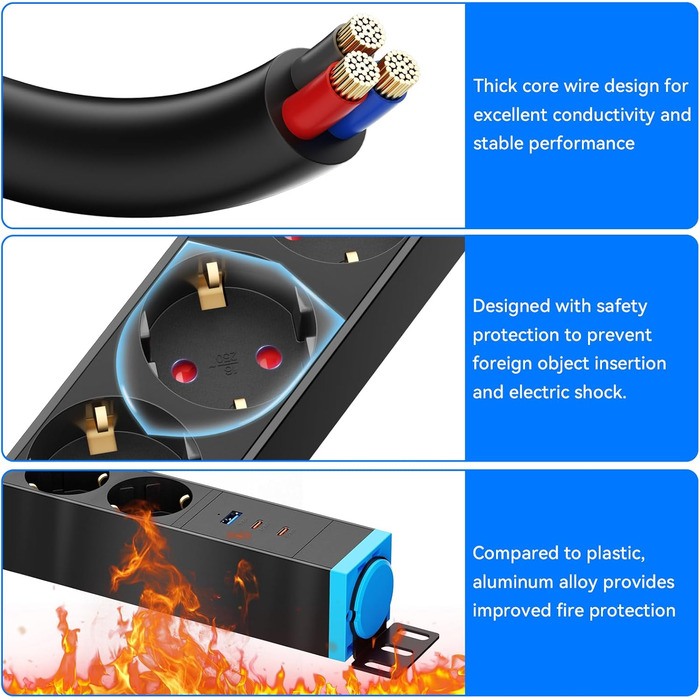 Мережевий фільтр із захистом від перенапруги, 10 розеток, поворотний на 360°, для стін, 1.8м, 16A/4000W, для офісу та дому, чорний