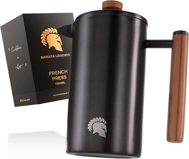 Barista Legends® French Press Stainless Steel Thermal Coffee Press (600ml) - Double-walled Coffee Maker for longer fresh filter coffee - Also suitable as a coffee maker when camping! Metallic Black 600ml
