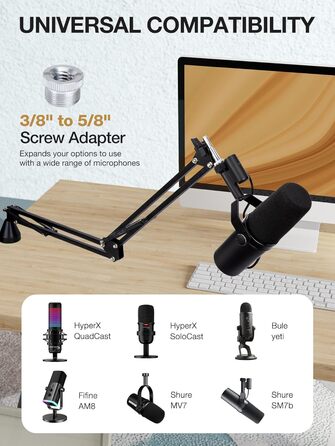 SUNMON Тримач для мікрофону HyperX QuadCast та інших - регульований кріплення для мікрофону з кабелеутримувачем, адаптер 3/8' - 5/8' для Blue Yeti, Fifine, Seiren
