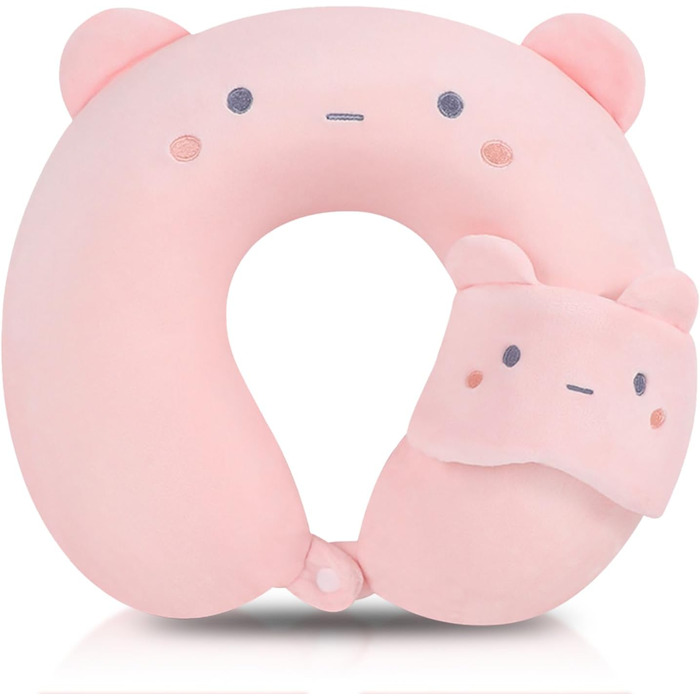 Подушка для шиї з принтом котика, зручна у подорожах: авто, літак, поїзд, кемпінг. Memory Foam, рожева