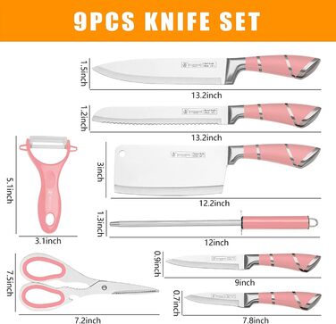 Набір кухонних ножів Justup 9шт з обертовим блоком, рожевий. Набір ножів з нержавіючої сталі з антипригарним покриттям, з точилкою для кухні.