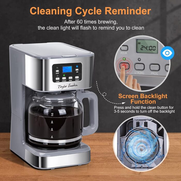 Кавомашина Taylor Swoden Darcy 950W з таймером, 1.5L, 12 чашок, автоматичне відключення, стоп-капля, багаторазовий фільтр, BPA-free (сіра)