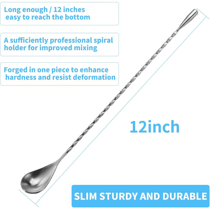 Набір з 2 барних ложок для коктейлів, нержавіюча сталь, довгі ложки з спіральним візерунком, сріблястого кольору