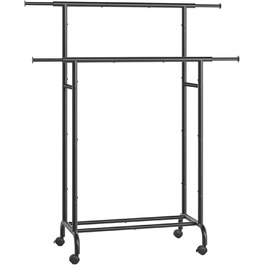 SONGMICS Clothes Rack with 2 Clothes Rods, Extendable Garment Rod, with Wheels, Coat Rack, Height Adjustable between 113 and 180 cm, Lower Rod Adjustable, LLR401R01 (Ink Black, 120D x 50W x 156H cm)