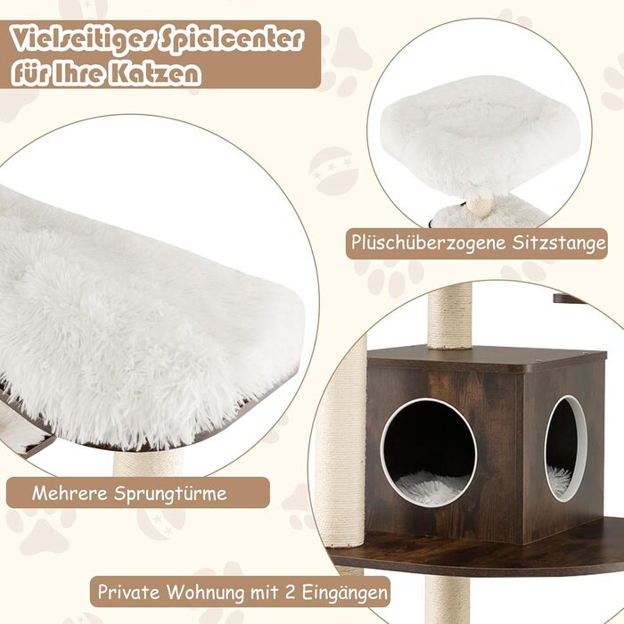 Кліматичний комплекс для котів GOPLUS Katzenbaum 175см: 6 платформ, дерев'яна печера, ігровий комплекс, меблі для котів (Коричневий)