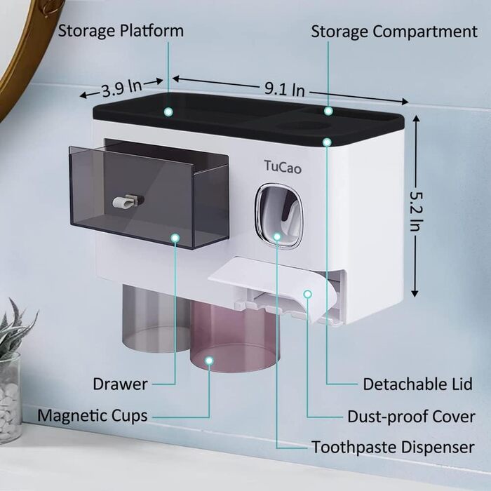 Automatic Toothpaste Dispenser Wall-Mounted with Space-Saving Toothbrush Holder for Bathroom, 2 Transparent Magnetic Cups, 6 Toothbrush Slots, 1 Cosmetic Organizer Drawer (2 Cups)