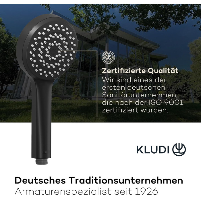 KLUDI-X1 Universal Shower Head with Hose, optional showerhead for water-saving use with 3 spray patterns (Body, Hair, Skin), easy-to-clean shower head Ø 10.7 cm, shower hose 1.60 m (Matte Black, 1 spray pattern)