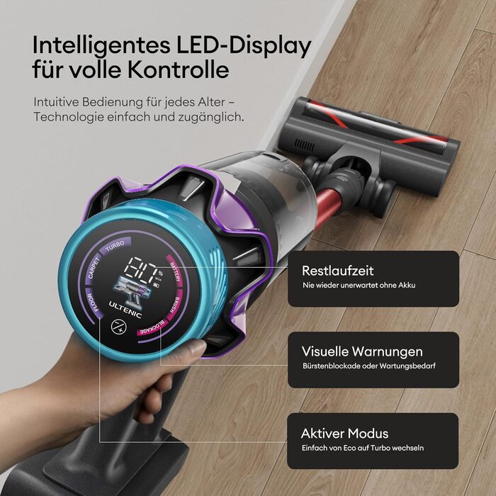 Бездротовий акумуляторний пилосос Ultenic 55000Pa/600W, 80хв, 1.6л, з Multi-Циклон фільтрацією, сенсорним екраном, антизаплутана щітка, док-станція, для шерсті тварин/килимів/твердих підлог, червоний