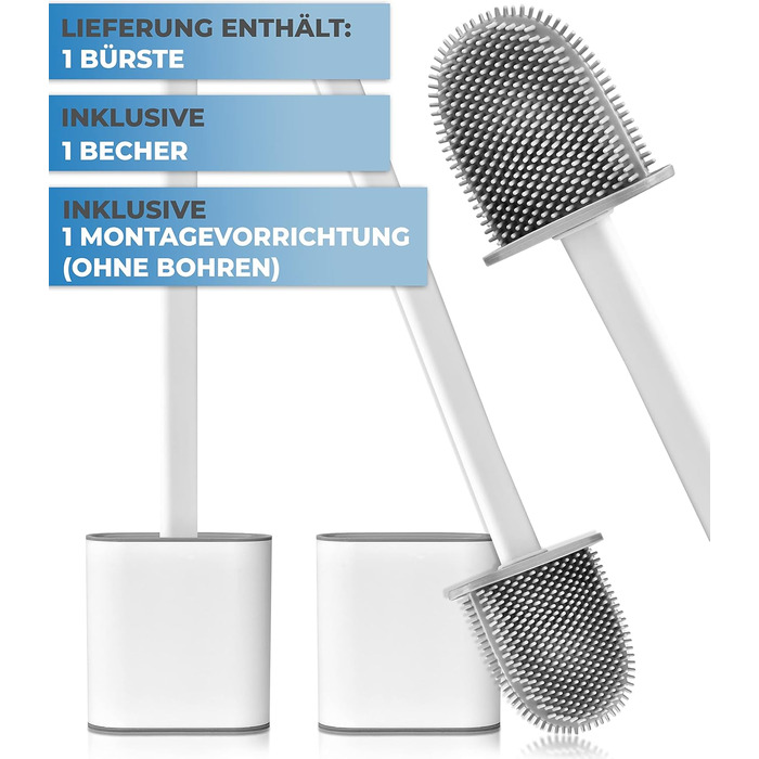 Силіконова щітка для унітазу MUVEN® з плоскою та гнучкою насадкою, швидковисихаючий тримач та гумові виступи - щітка для унітазу на стіну без свердління (білий, матовий)