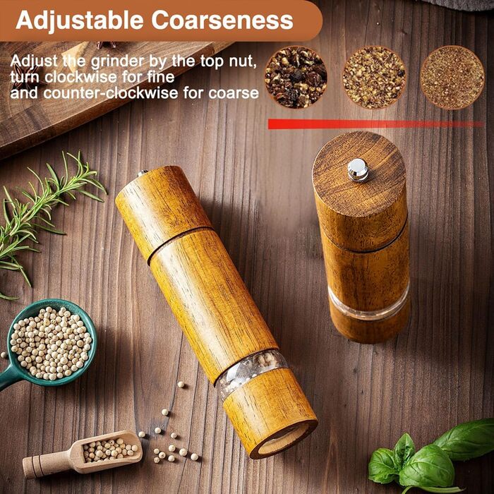 Механічна млинка для солі та перцю з керамічним жорном, регульована ступінь помелу, набір 2 шт. з підставкою, висота 21,5 см